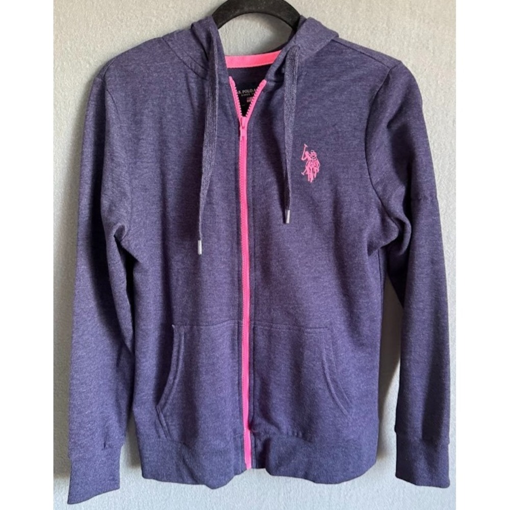 US POLO ASSN Hooded Women Size Medium Purple Full Zip Pockets Pink‎ Logo Casual